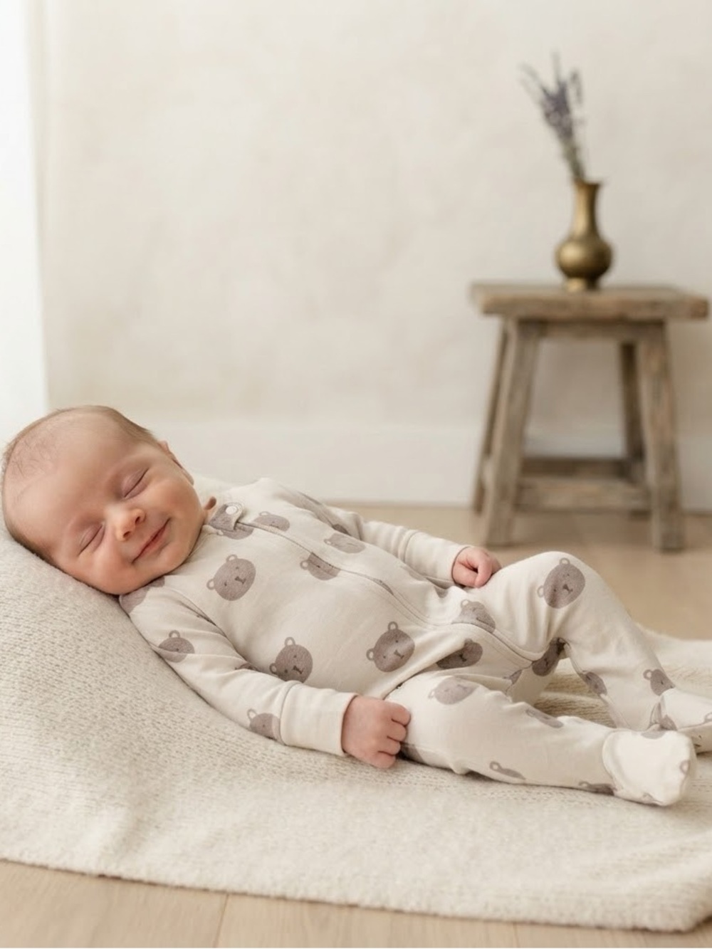 Gap Baby Organic Cotton Cream Teddy Bear 2-Way Zipper Footed Sleeper